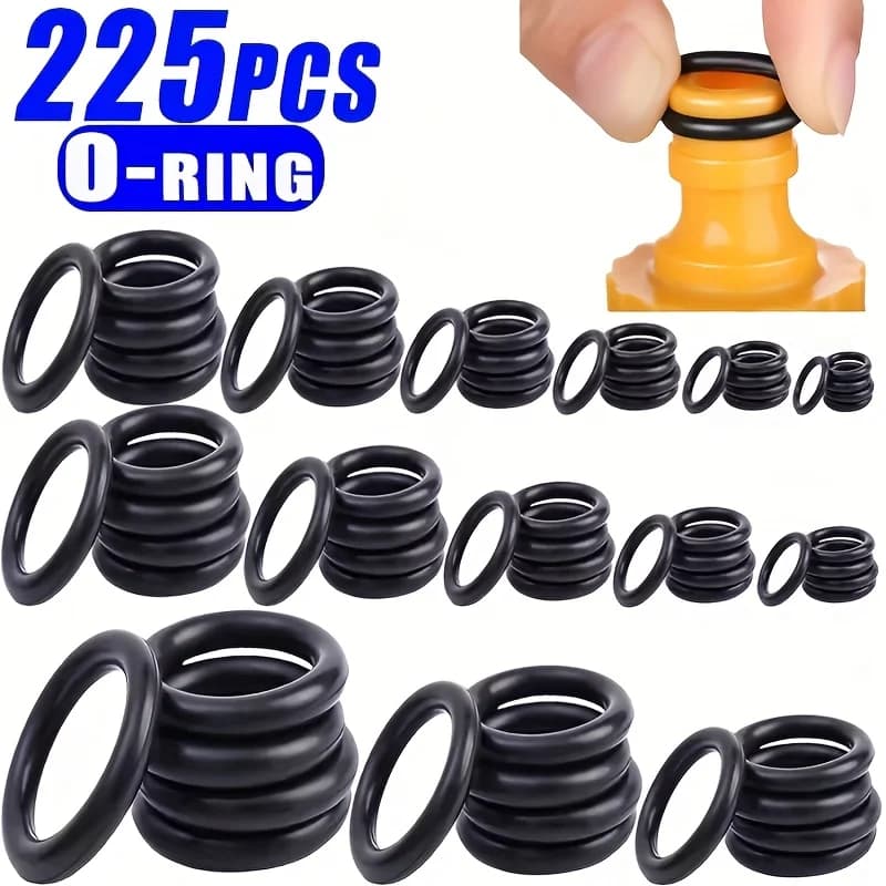 225-piece O-ring kit: durable rubber seals for cars and machines, ideal for hydraulic systems: oil and water resistant, assorted sizes