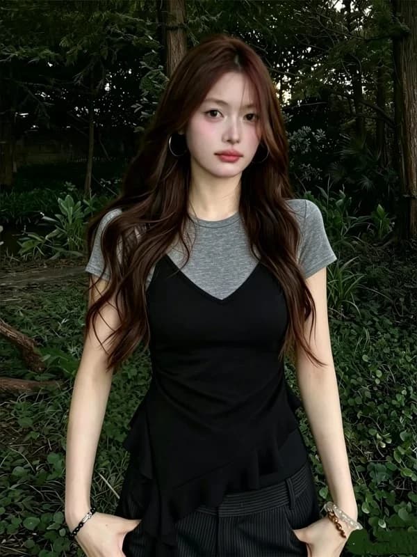 Plus Size Shirt with V Neckline, Asymmetrical Hem, Side Folds, Slender Effect, Korean Casual Style, Women's Fashion Top for Work