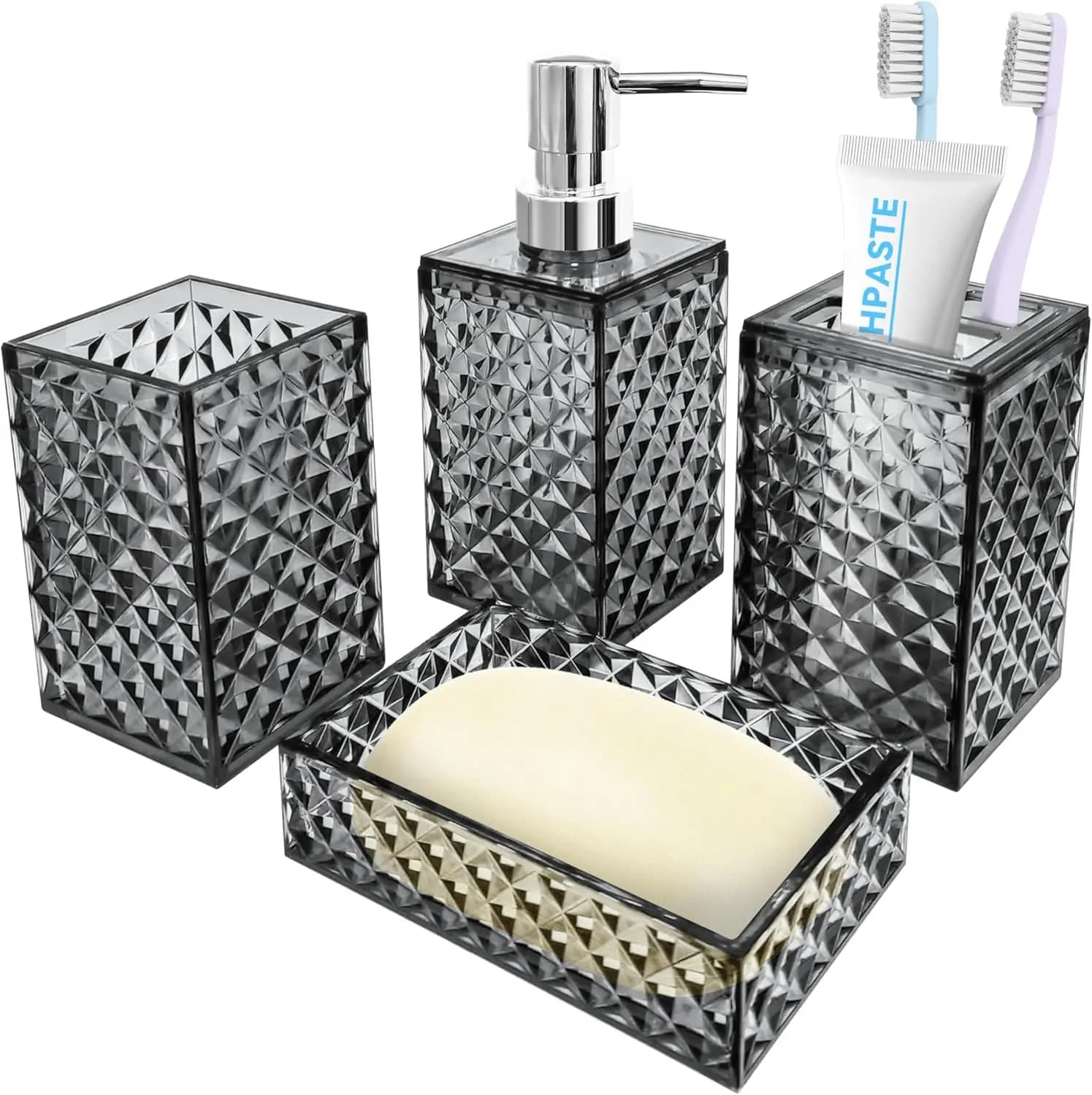 Set di 4 Accessori da Bagno in Plastica Grigia con Motivo a Diamante, Dispenser Sapone e Portaspazzolino