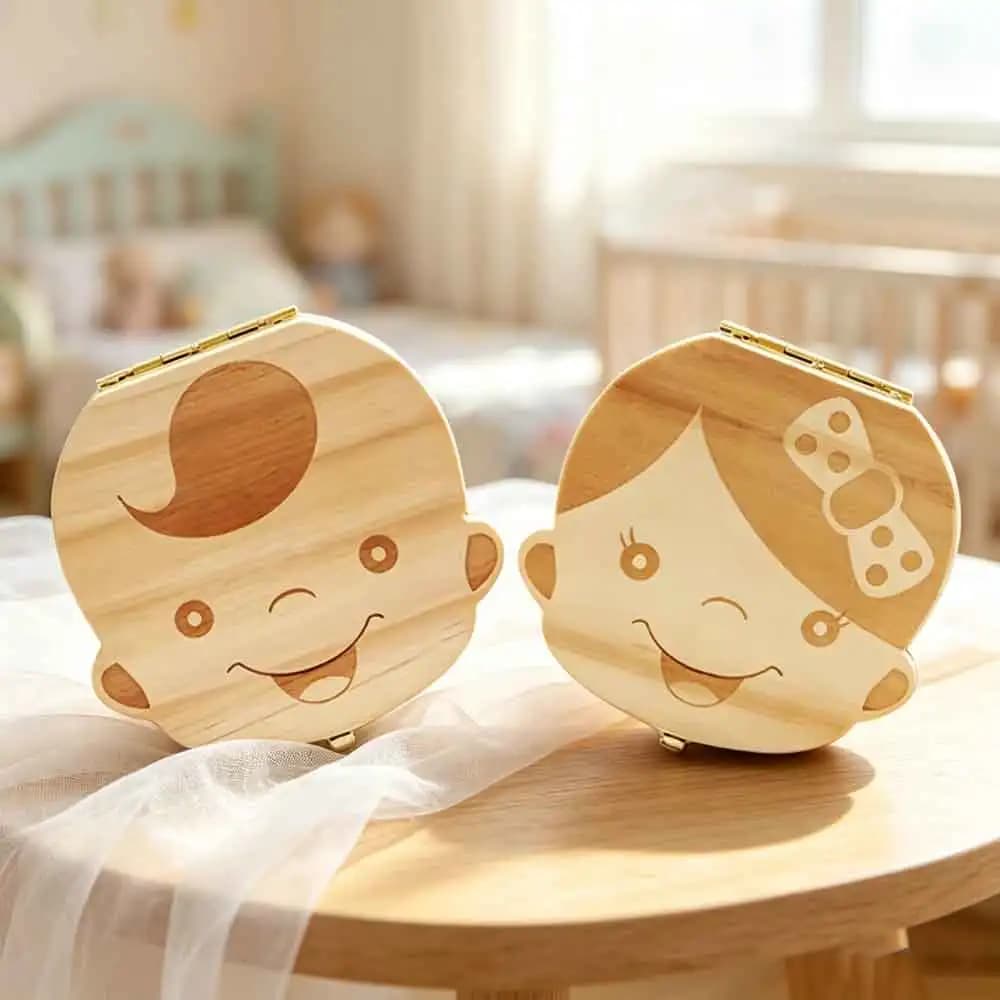 Baby Souvenirs Gifts Keepsakes Storage Baby Tooth Box Spanish/Dutch/French/German Wooden Kids Milk Teeth Organizer