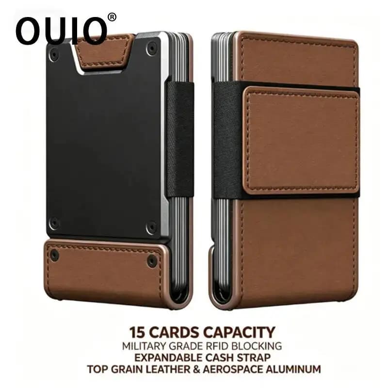 OUIO Men's RFID Blocking Minimalist Leather Wallet Pull-out Cloth Belt Money Clip Slim Pocket Card Holder For 1-15 Cards Cash