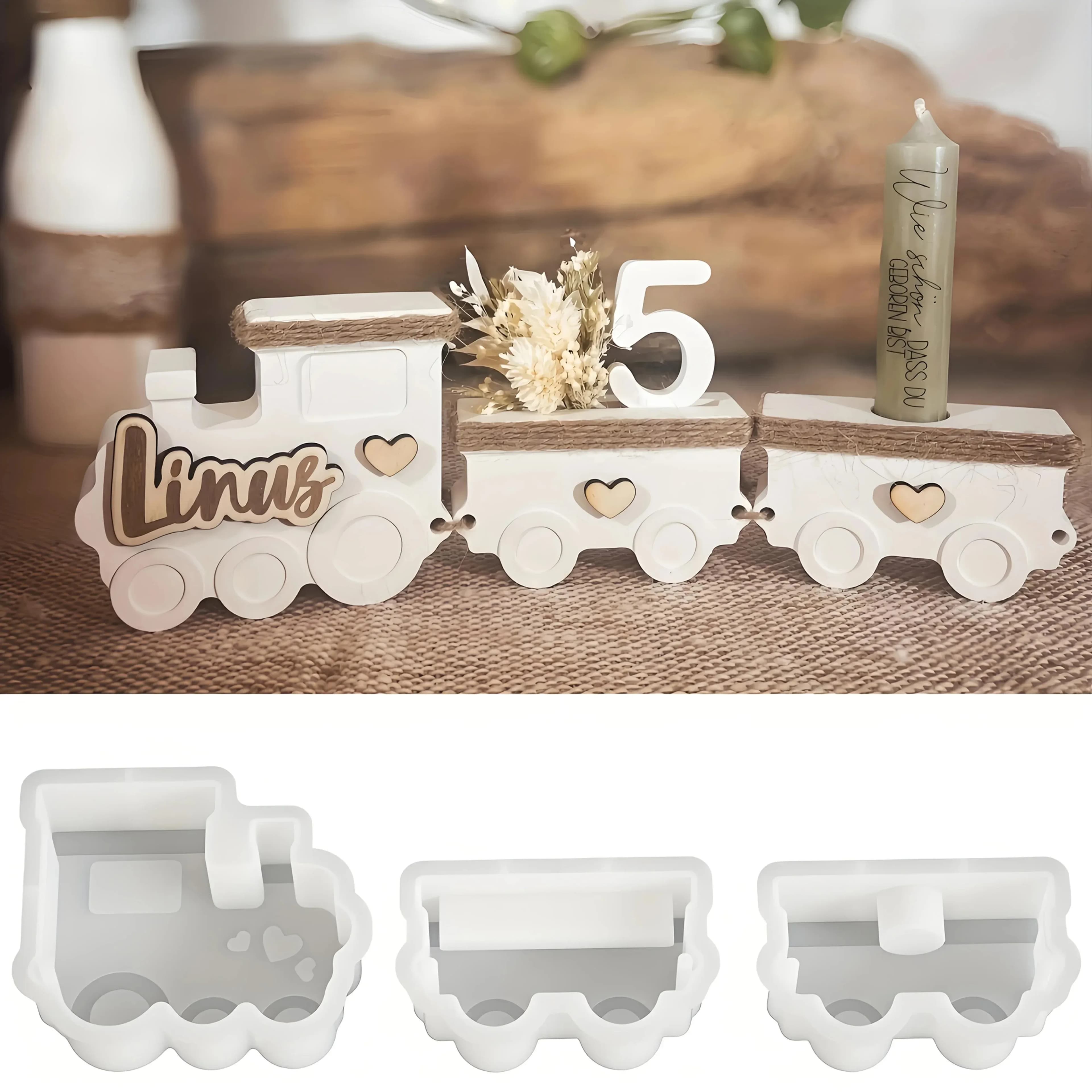 Set di 3 Stampi in Silicone a Forma di Treno per Resina, Ideali per Portacandele, Decorazioni Natalizie e di Compleanno, Stampo in Argilla a Forma di Treno di Natale