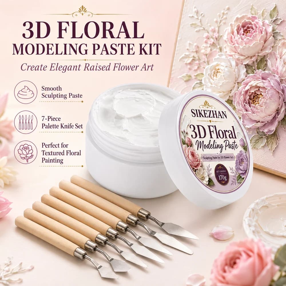 3D Floral Texture Paste & 7 Palette Knives Set Heavy Modeling Paste Acrylic Medium for Canvas Sculptural Painting Home Decor DIY