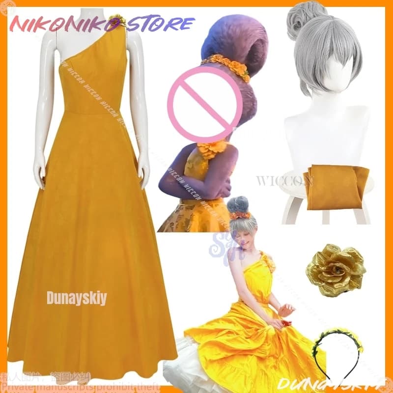Costume antropomorfo di coniglio peloso Cosplay Anime Halloween Dance Party Abito lungo monospalla giallo Fiore Lolita Halloween