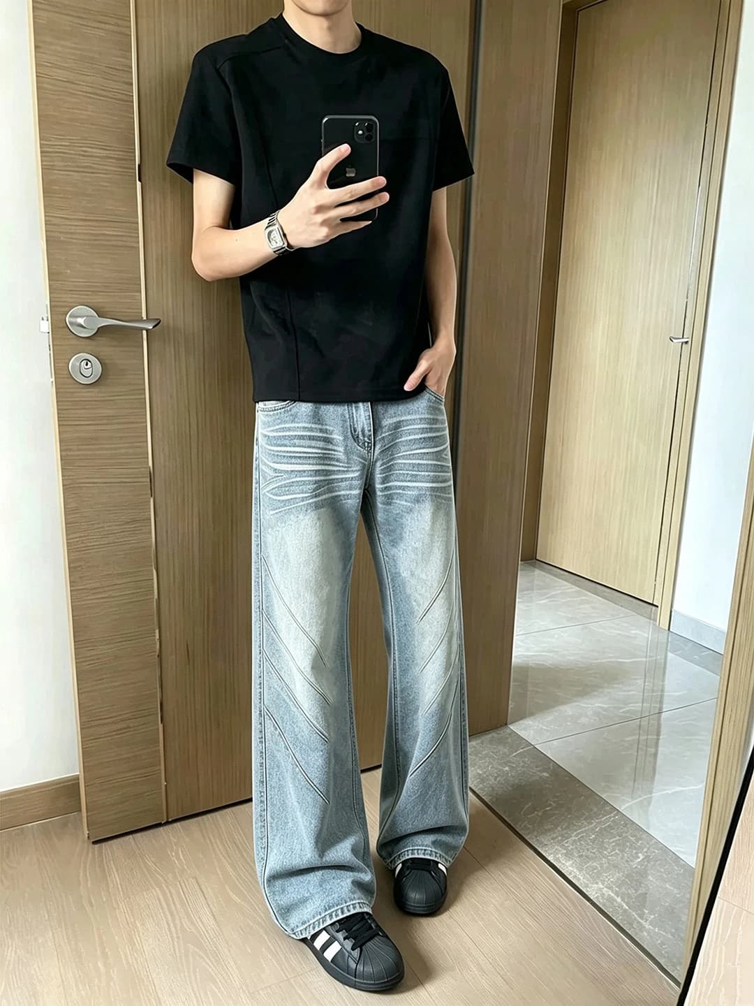 American Style Light Blue Bell Bottom Men's Retro Washed High Street Vibe Jeans Summer Loose Straight Cut Knife Pants