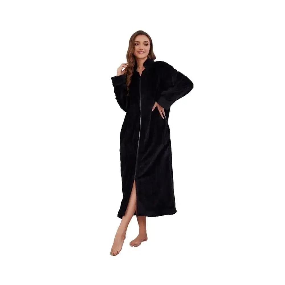 Accappatoio da donna in pile con cerniera, vestaglia lunga in pile con tasche, tinta unita