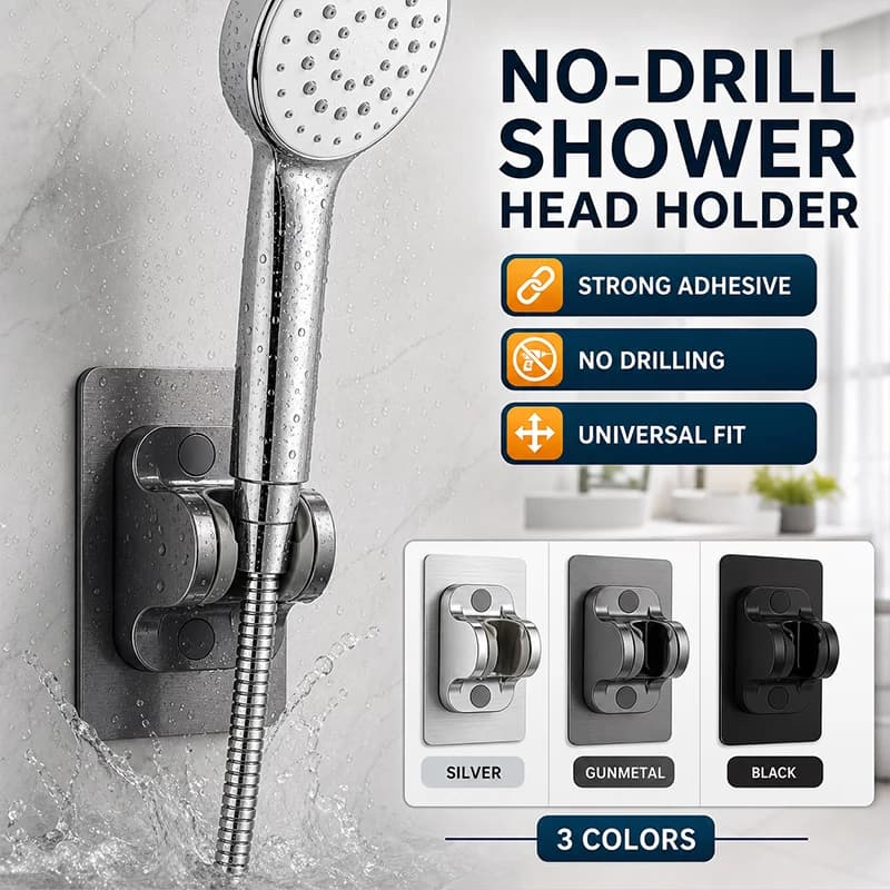 No Drill Shower Holder Adjustable Shower Bracket Stick on Wall Mount for Handheld Showerhead Universal 1/2" Thread No Drilling