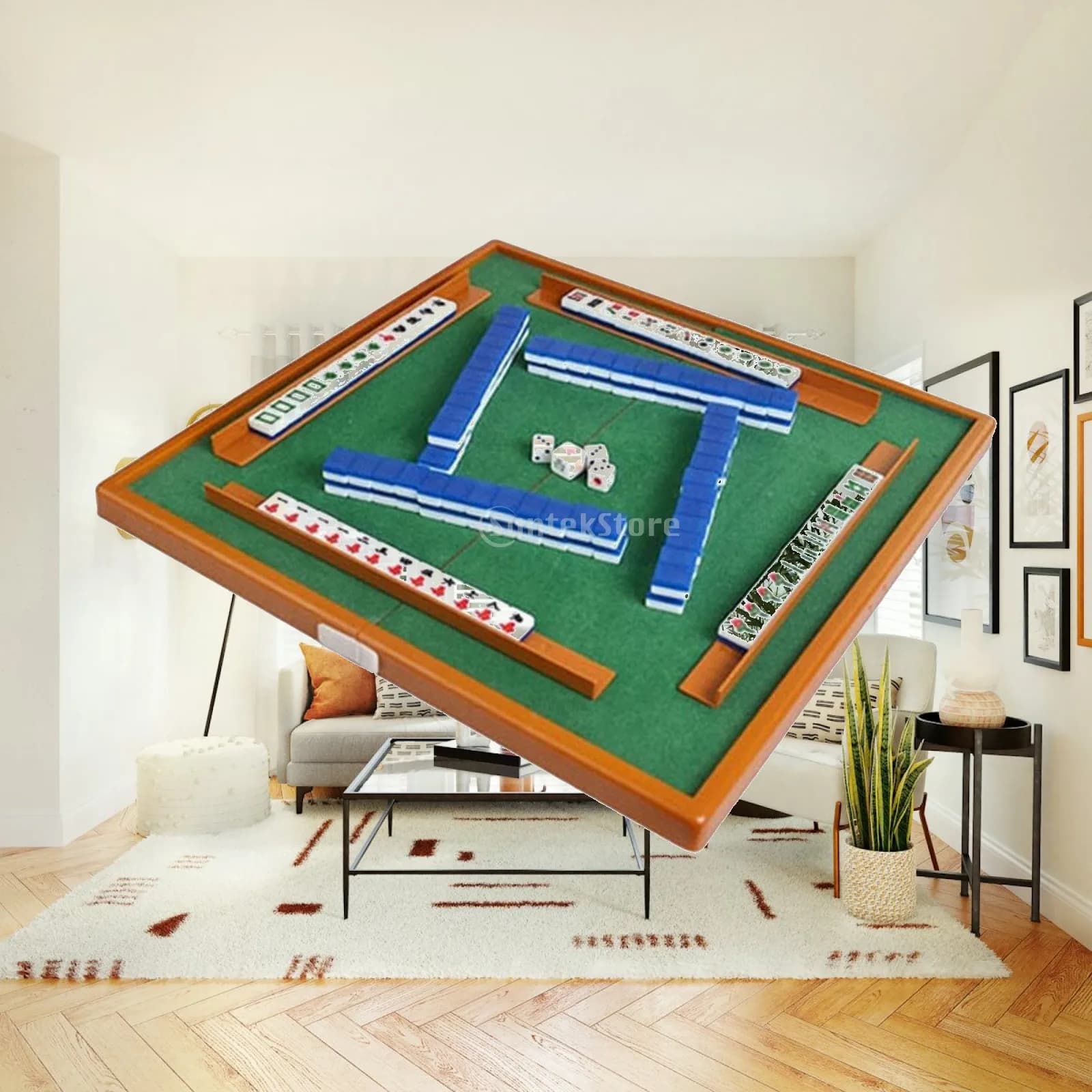Mini Chinese Mahjong Set with Foldable Mahjong Table Tile Game for Party