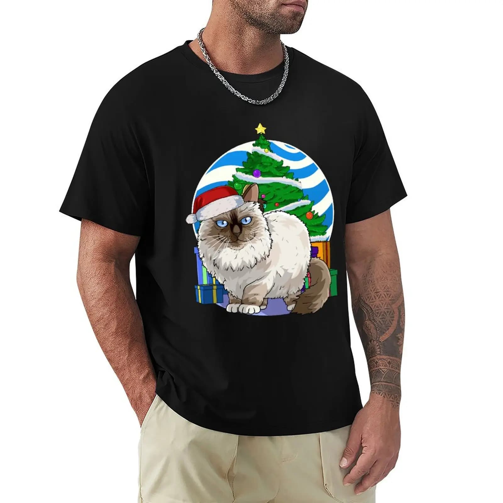 Birman Cat Santa Christmas Tree Gift T-Shirt Large Size Loose Casual Tee