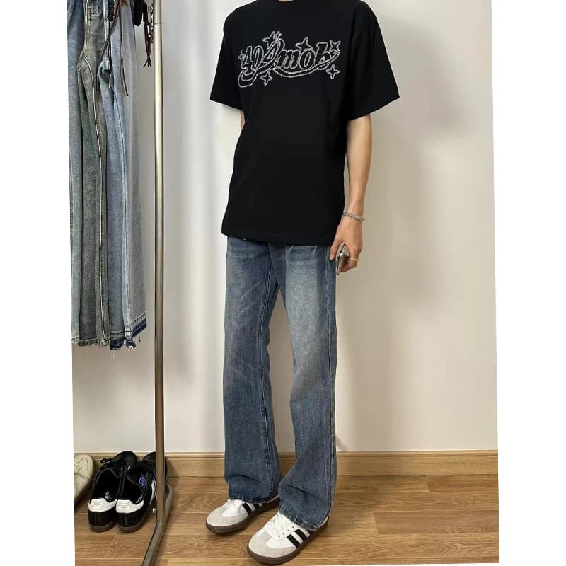 American High Street Blue Jeans Men's Summer CleanFit Washed Micro Flared Pants OOTD Straight Leg Pants mid High Waist Long P...