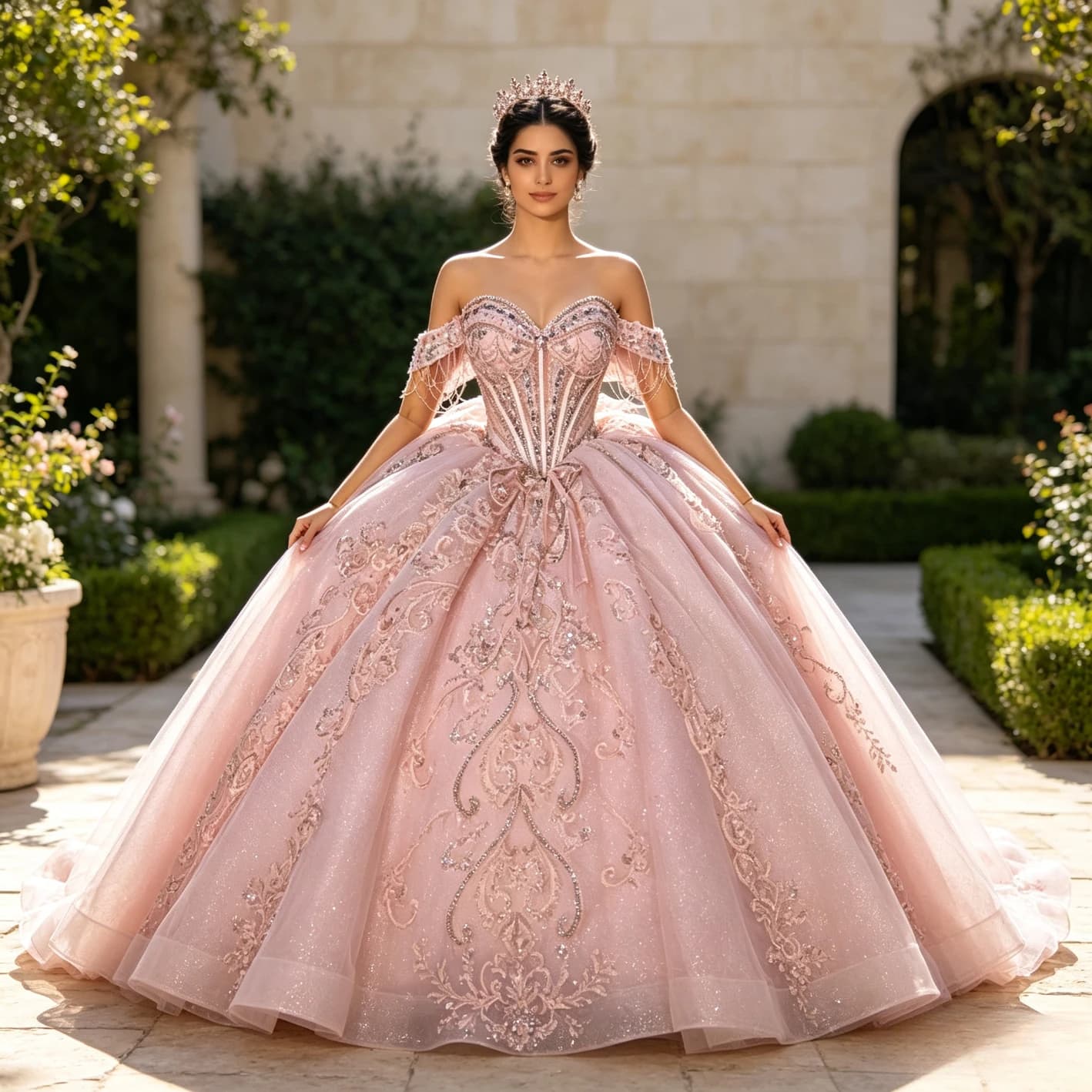 Customized Women's Pink Shiny Off Shoulder Quinceanera Ball Gown Lace Applique Crystal Bow Sweet 16 Gala Birthday Party Dress