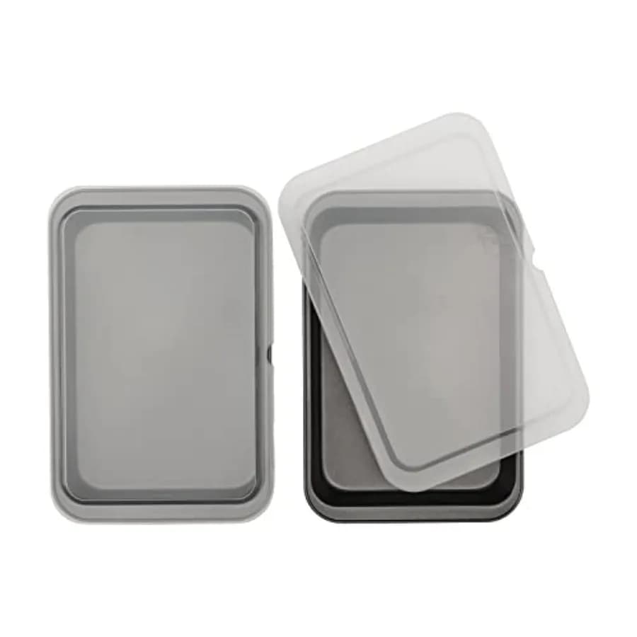 Set of 2 steel 13" x 9" non-stick pans with lids, grey colour