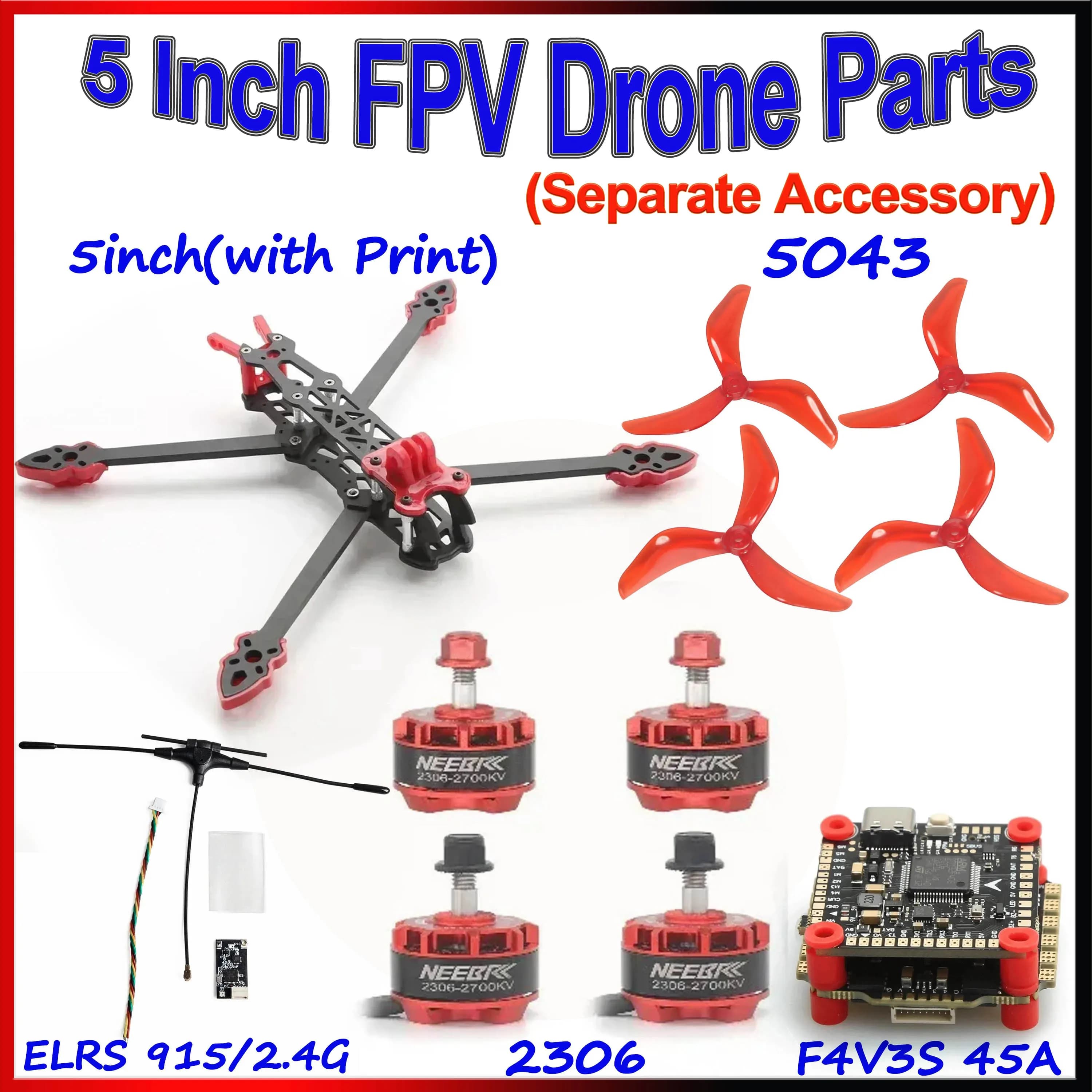 Kit Mark4 con Telaio da 5 Pollici, Motore 2306, Stack F4V3S 45A, Ricevitore ELRS Dual Band 2.4G 915MHz, Elica 5043, Telecamera 1800TVL per Drone FPV RC