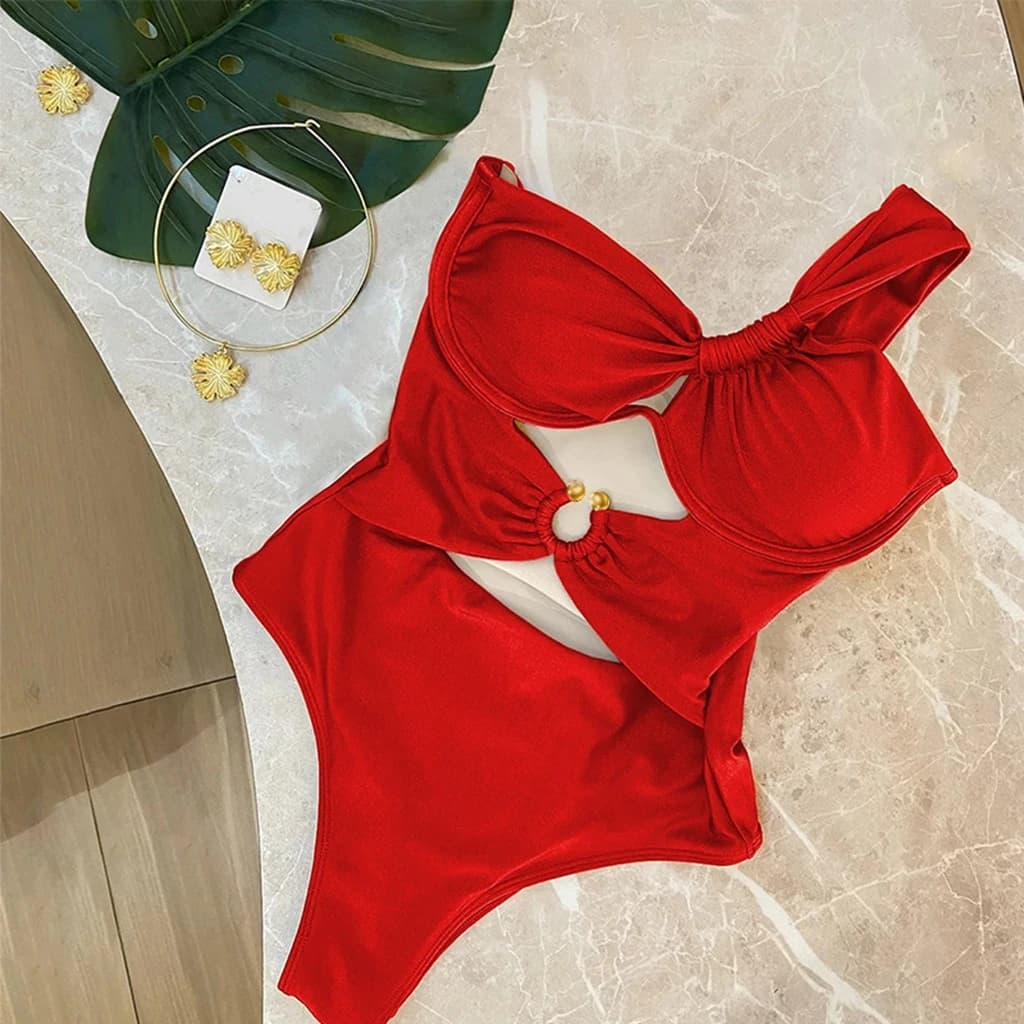 Sexy Push Up Bikini Set One Shoulder Swimwear Hollow Out Biquini Solid Swimsuit Summer Brazilian Bathing Suit Beachwear