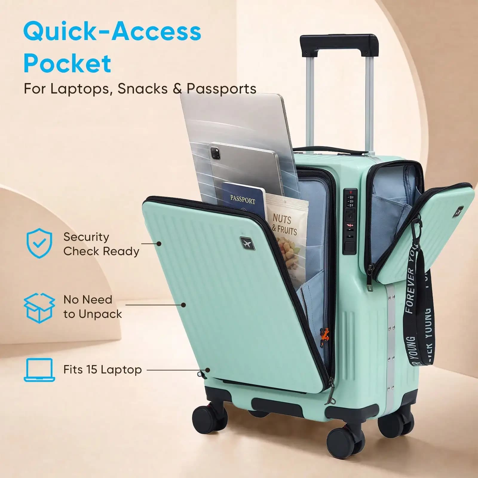 TABU 20" Carry On Luggage With Quick Access Compartment, Detachable Pouch, USB Charging, TSA Lock, Hard Shell Suitcase For Travel & Business Trips