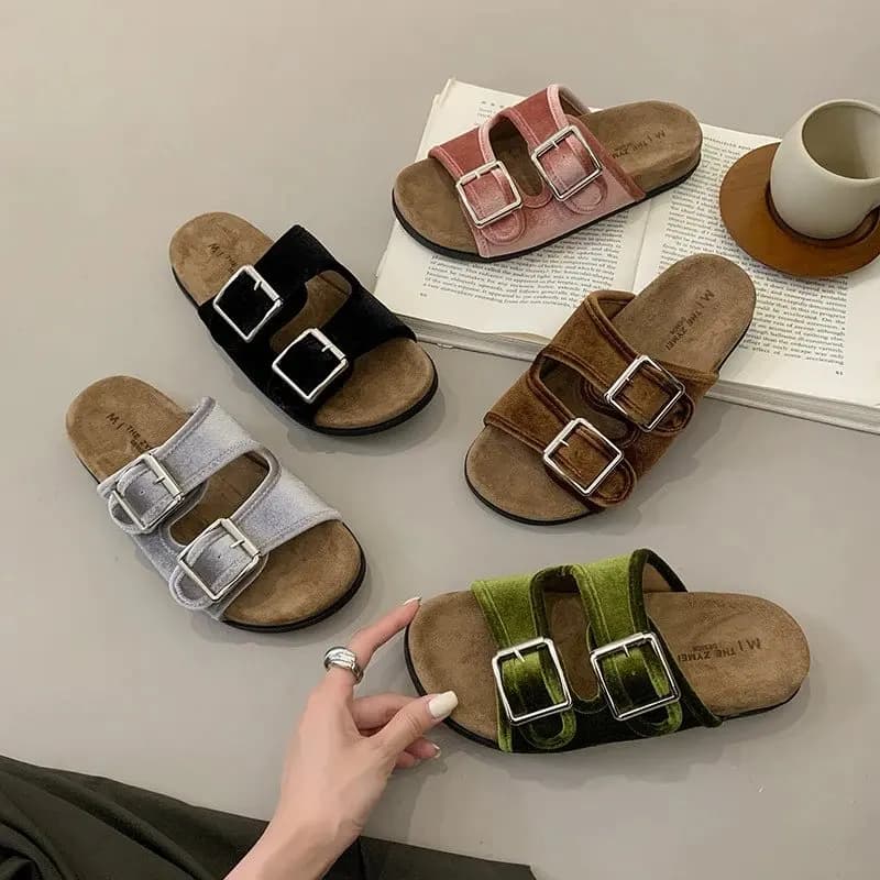 Retro Double Buckle Slip-On Sandals Women's Summer Outdoor Wear 2026 New Casual Comfortable Thick Bottom Lazy One-Step Slippers