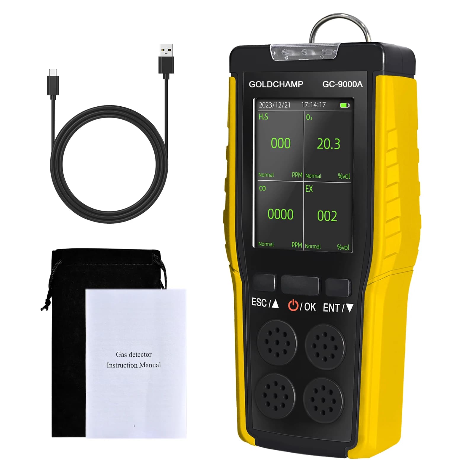 Rilevatore di Gas H2S CO O2 LEL 4 in 1, Sensore Multigas per Ossigeno, Monossido di Carbonio, Idrogeno Solforato EX con Registrazione Dati
