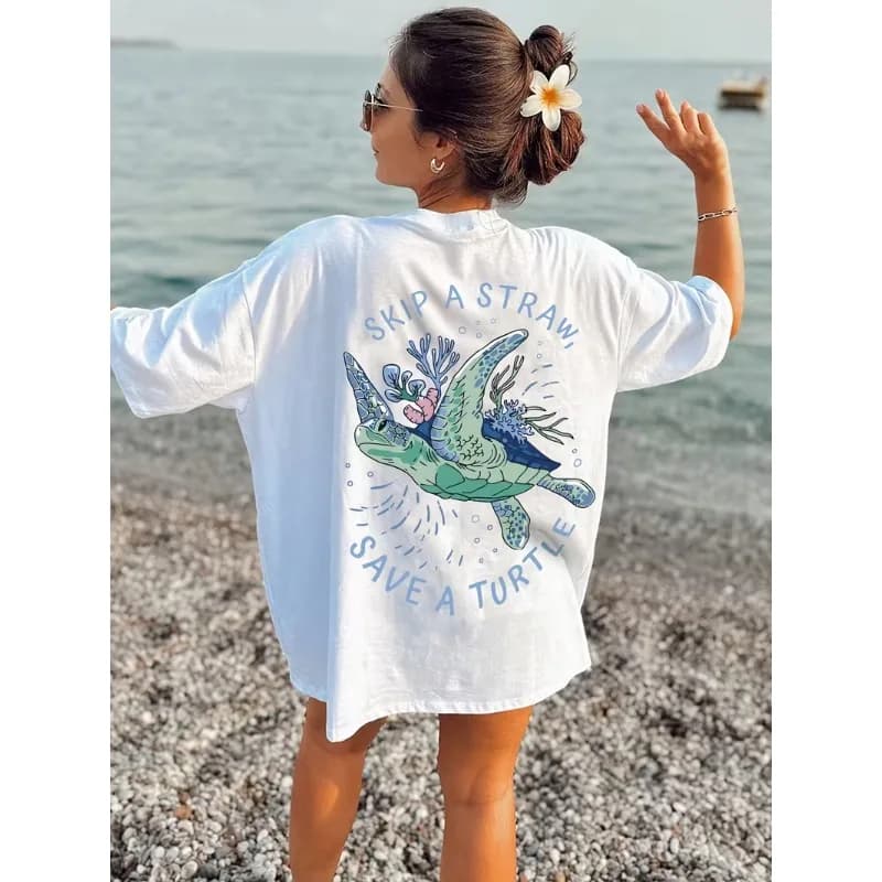 T-shirt con stampa tartaruga marina, grafica tartaruga marina e corallo, girocollo oversize da donna, casual, per l'uso quotidiano estivo