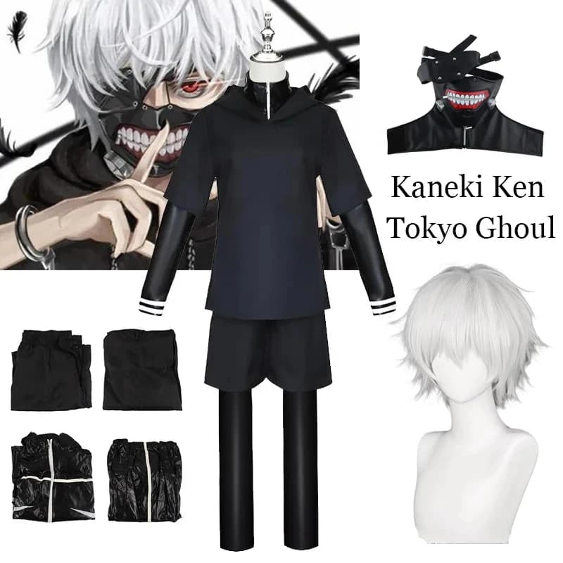 Anime Tokyo Ghoul Kaneki Ken Costume Cosplay Uniforme kaneki ken vestiti Maschere Parrucca Felpa con cappuccio Abiti Uomo Donna Costumi di Halloween