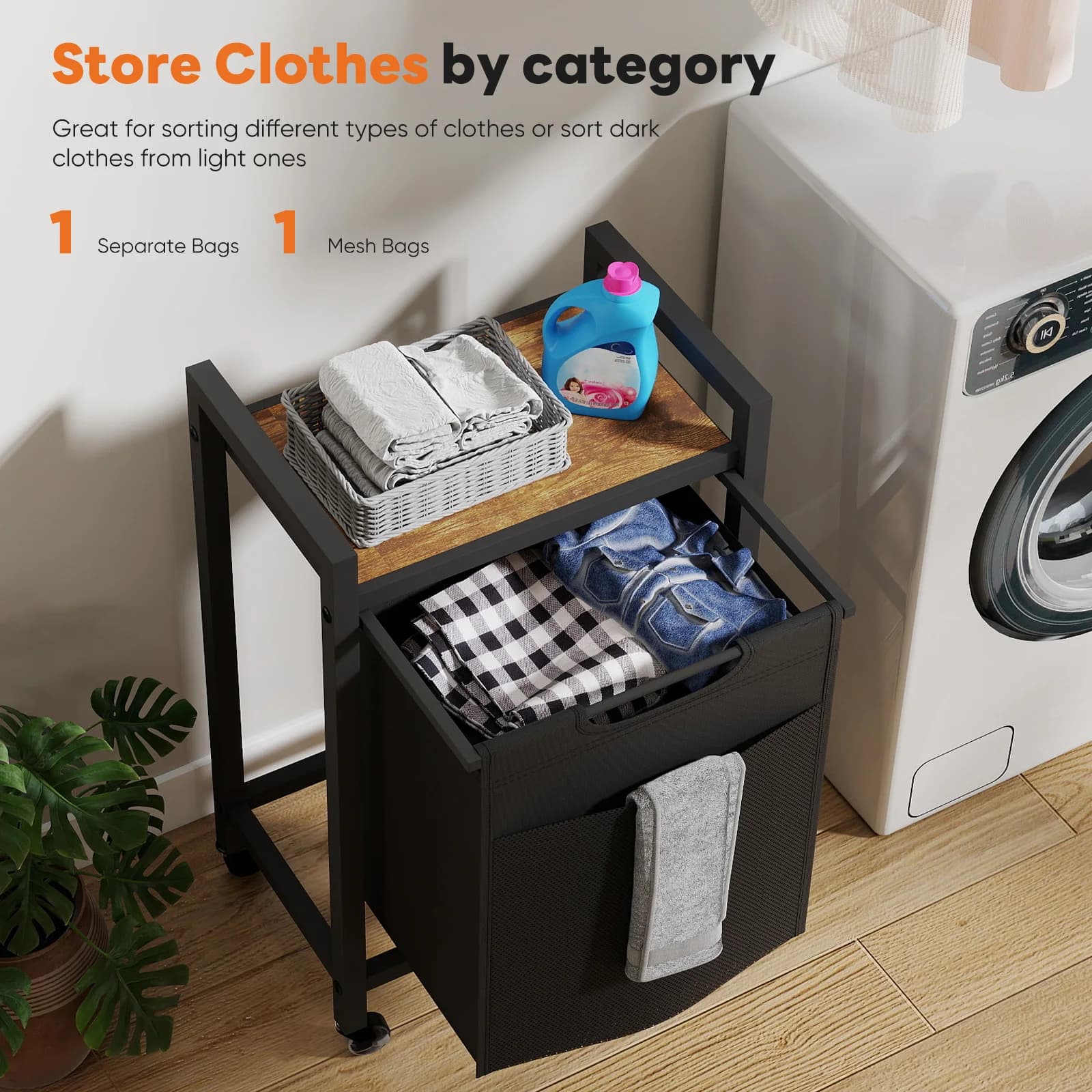 Cassettiera JHK 69L con Ruote Mobili, Cesto Portabiancheria con Telaio in Metallo e Sacchi Rimovibili Estraibili, Organizzatore per Vestiti da Arredamento