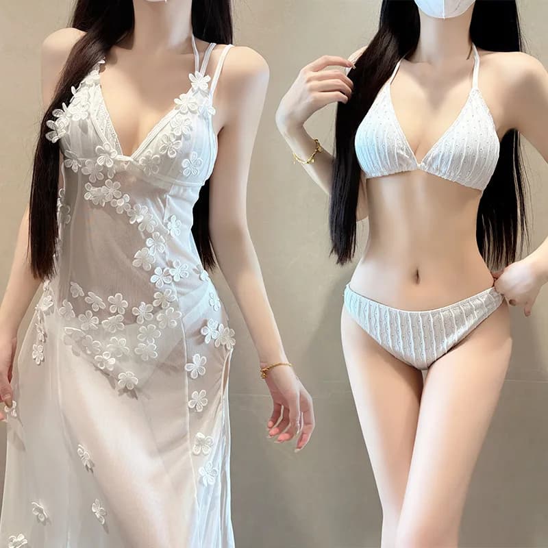 Three Dimensional Flower White Camisole Dress Swimsuit Women's Summer Vacation Skirt Mesh Hood Sweater Slim Fit Swimsuit