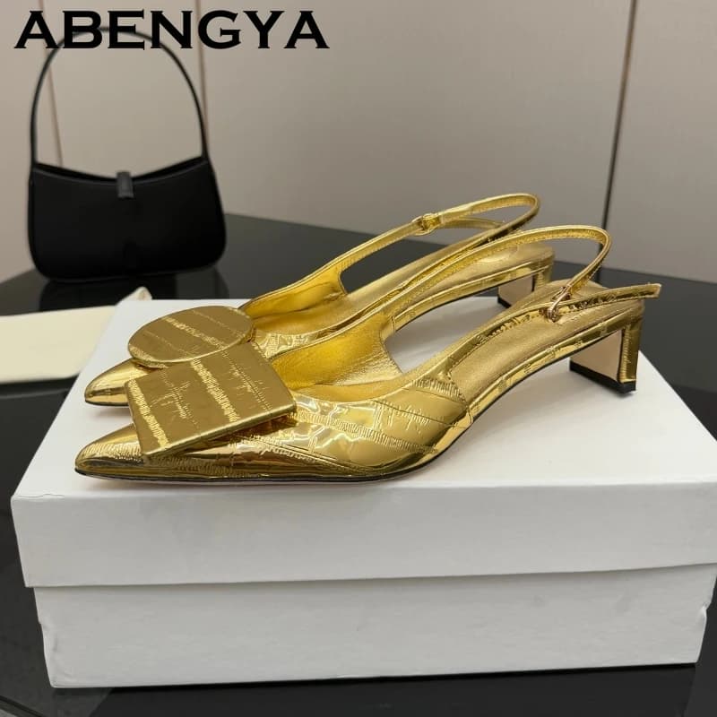 2026 Summer Fashion Pointy Toe Mid Heels Sandals Women Square Circle Buckle Leather Slingbacks Pumps Sexy Party Dress Sandals