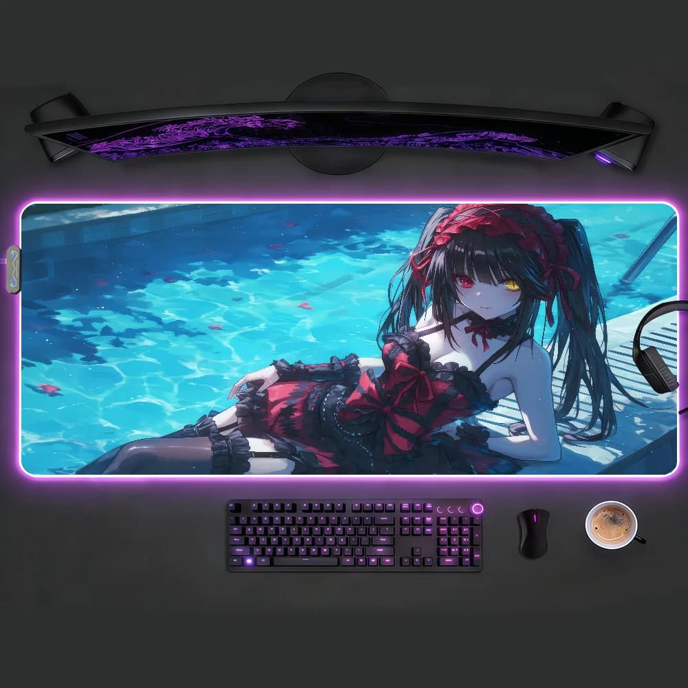 Tokisaki Kurumi Anime Date A Live MousePad RGB LED Tappetino da scrivania antiscivolo Accessori da gioco in gomma Tastiera grande XXL per computer e ufficio