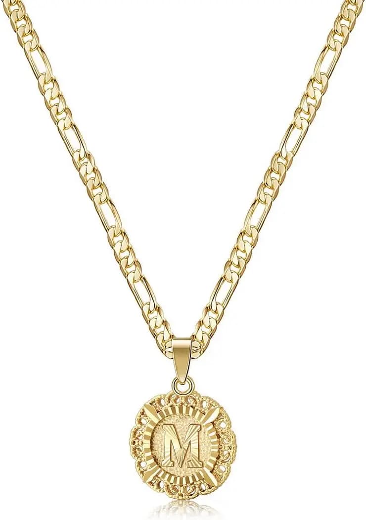Collana con ciondolo a lettera rotonda da donna, alfabeto placcato oro dalla A alla Z, gioielli con catena Figaro