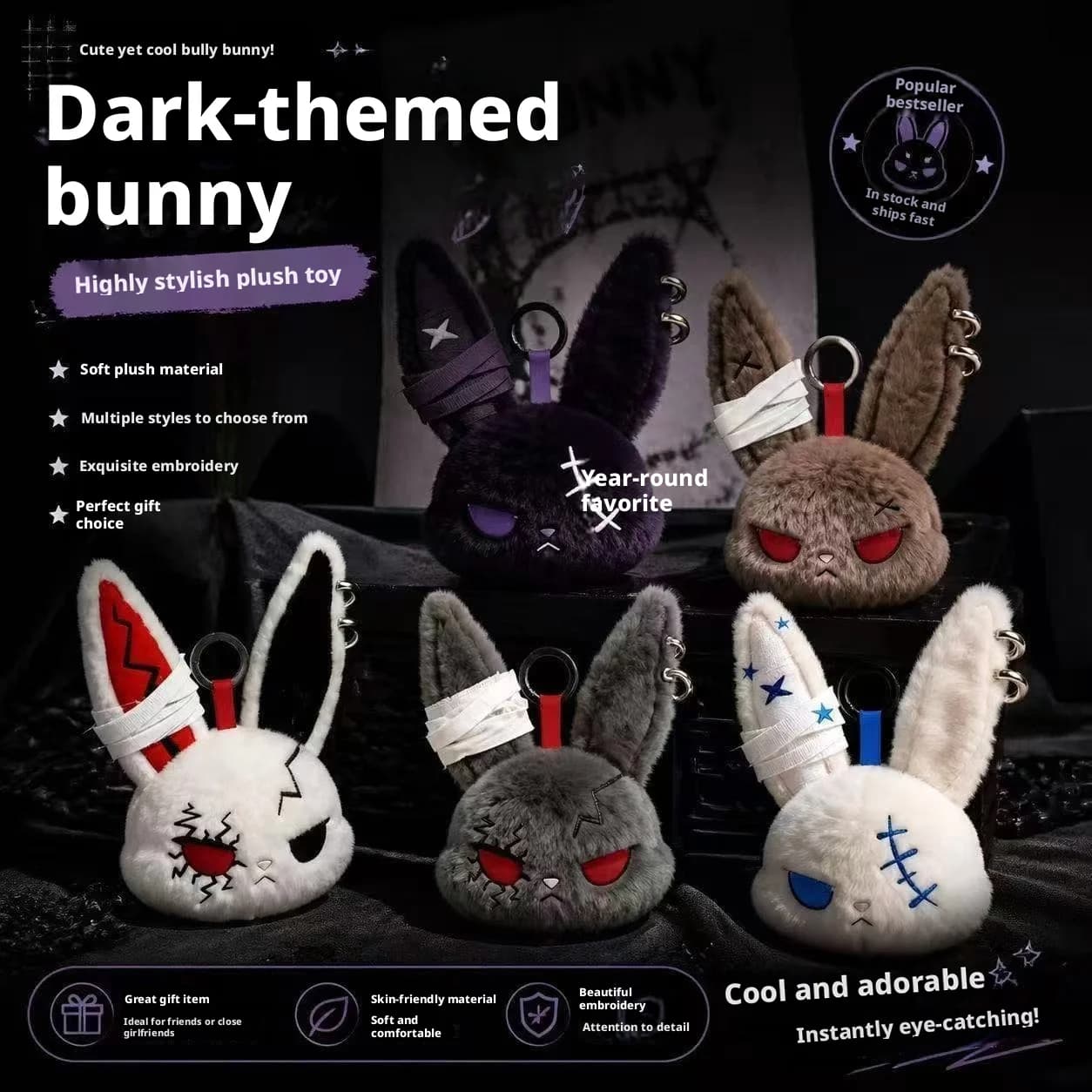 NEW STOCK Gothic Bunny Plush Keychain RabbitBag Charm with Bandage Desian Kawaii Key Ring Pendant Car Bag Ornament Girl Gift