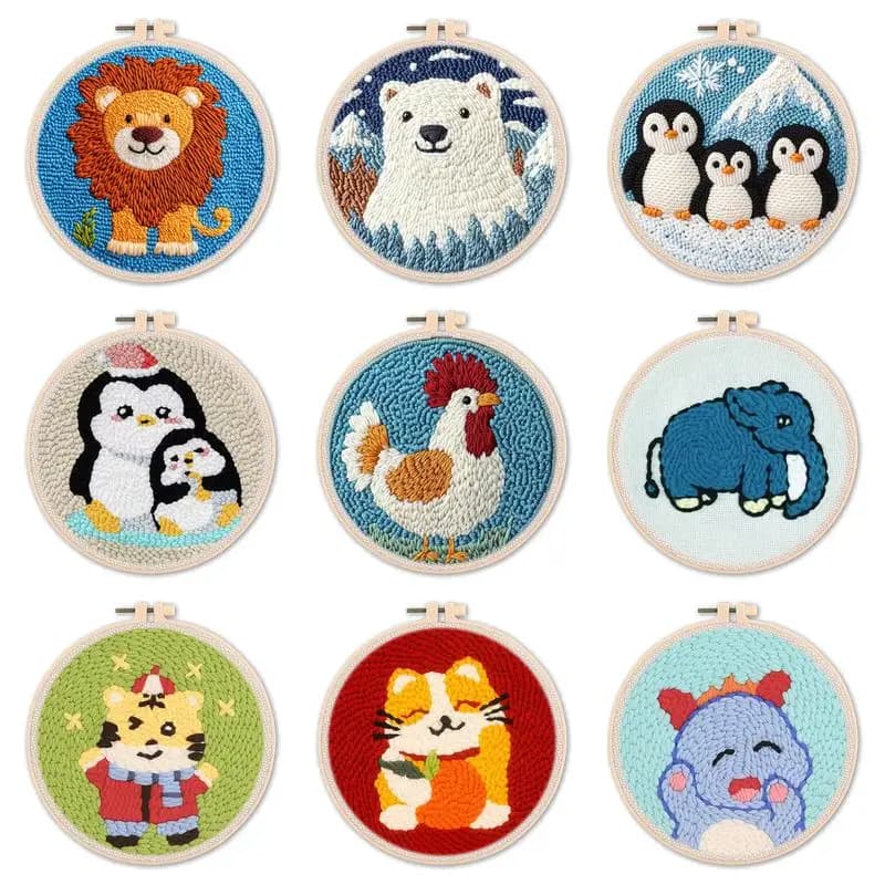 CHENISTORY Punch Needle Kits Adults Beginner DIY Cute and Unique Cartoon Animal Hoop Embroidery Set for Beginners Perfect Gifts