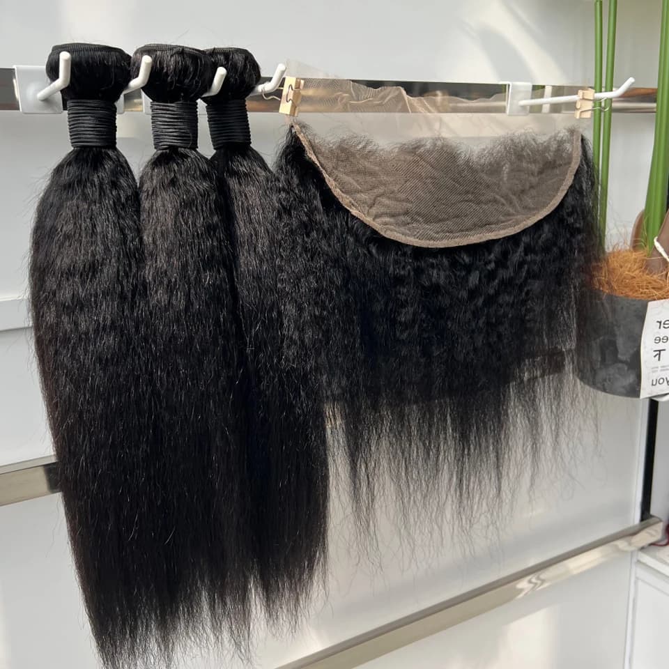 Afro Straight Human Hair Extensions with 4x4, Extension of Brazilian Hair Grezzi, 3/4 Fasci with Transparent Front 13x4