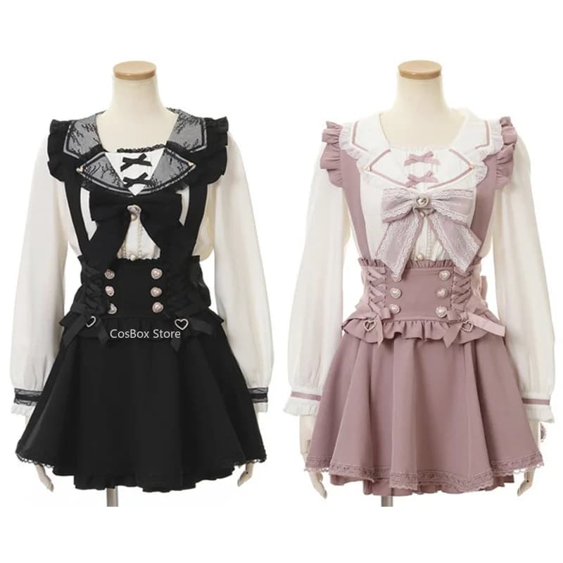 Completo Jirai Kei: Gonna a vita alta, camicetta con colletto alla marinara, pizzo gotico Y2K, maniche lunghe, outfit dolce e kawaii da donna, stile giapponese