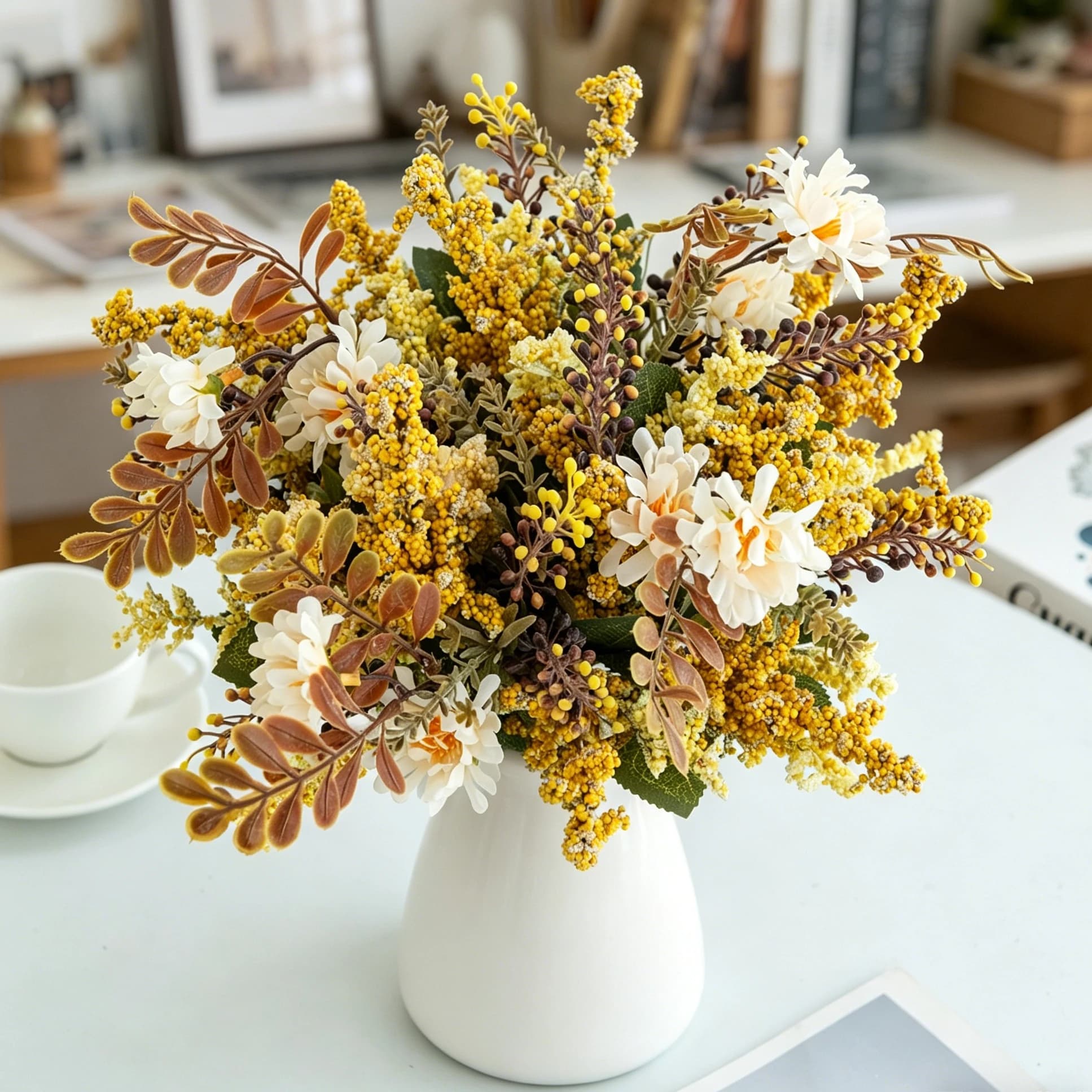 Piante di Fiori Artificiali in Seta, Crisantemo, Erba a Bolle per Decorazioni Fai-da-Te per Casa, Stanza, Giardino, Matrimoni e Bouquet da Sposa