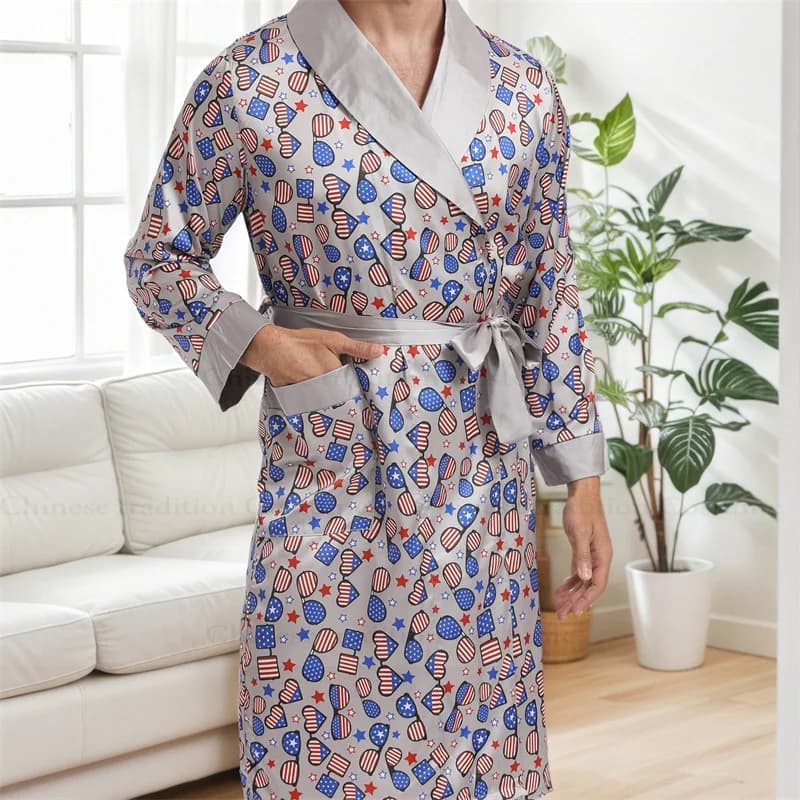 Kimono Satin Dress Men's Dress Nightwear Trained Homewear Ice Silk Pijama Print Homme Satin Collector's Dress with Men's Turned Shirt Bathrobe
