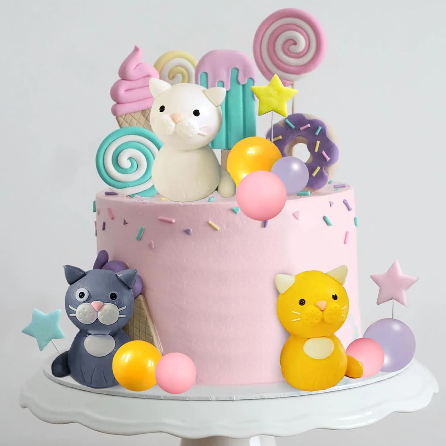 17 pezzi Topper per torta per gatti Figurine di gatti carini Decorazioni per torte a sfera per feste di compleanno per gatti Forniture per baby shower per feste di animali domestici