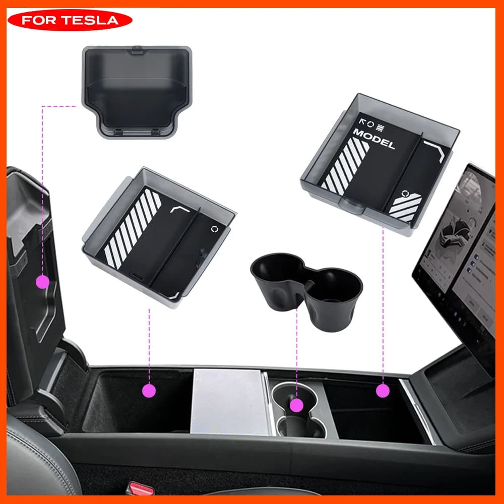 New 2026 Interior Organizer Fits Tesla Model Y Juniper Model YL Model 3 Highland Translucent ABS Console Box Silicone Mat Set