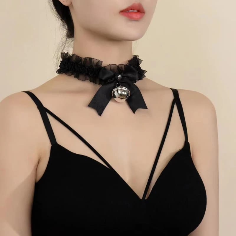 Black Lace Ribbons Necklaces for Women Girls Kawaii Cosplay Bell Collar Necklace with Clavicola Fashion Jewelry for Wedding Party