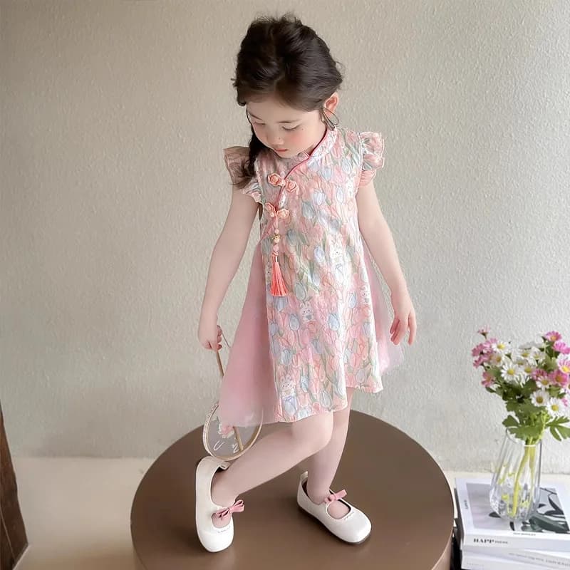 Girls Cute Print Dresses Children Birthday Party Sweet Elegant Modernized Cheongsam Kids Outdoor Casual Versatile Skirt 2-8Y