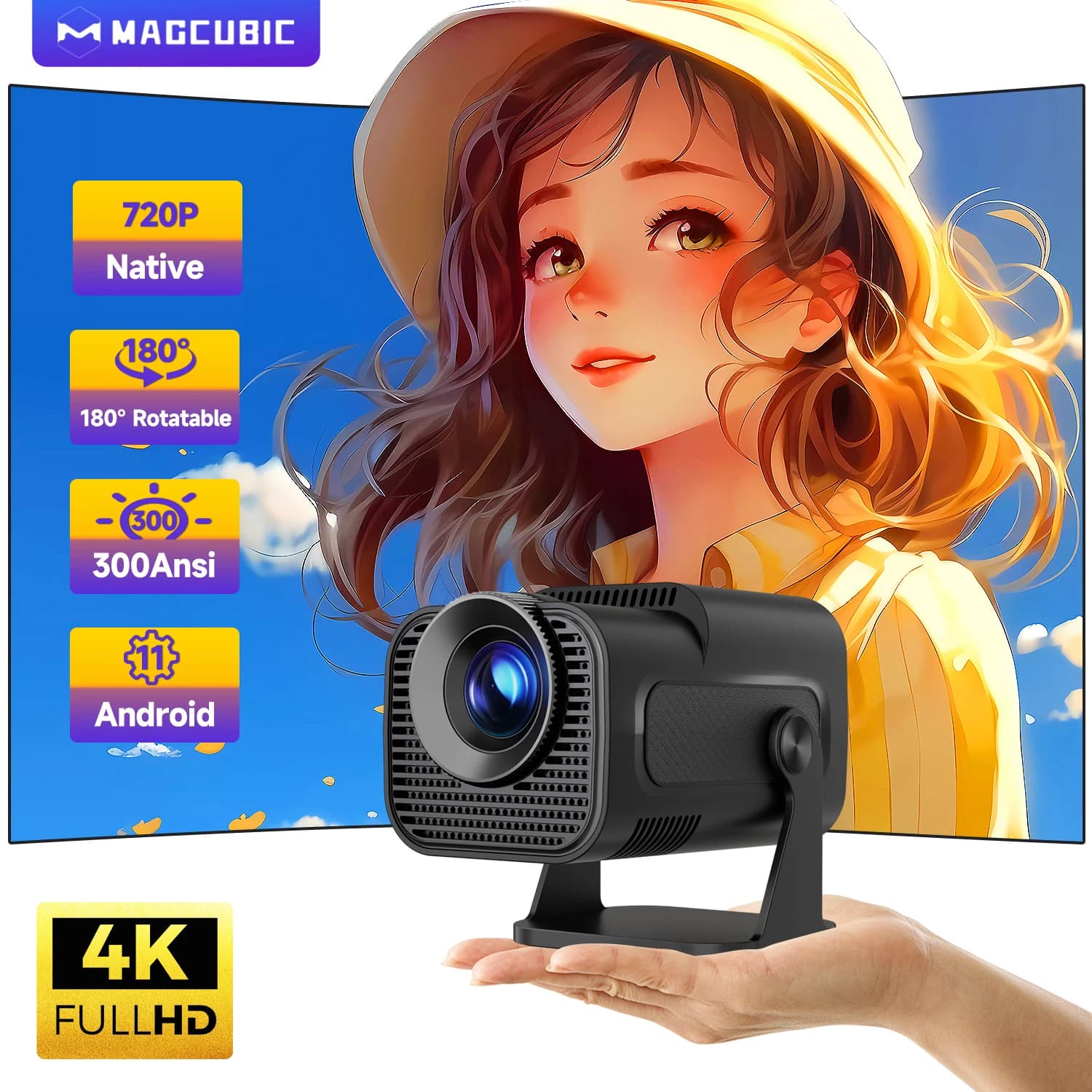 Magcubic HY320 Mini Proiettore Recentemente Nativo 720P Android 11 4K 300ANSI Wifi6 BT5.0 Cinema Outdoor Portatile 180 ° Proiettore girevole