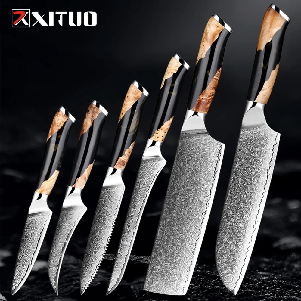 Set of damask steel kitchen knives 1-6 pieces Santoku knife from Japanese cook, multipurpose knife, extremely sharp blades for effortless cutting