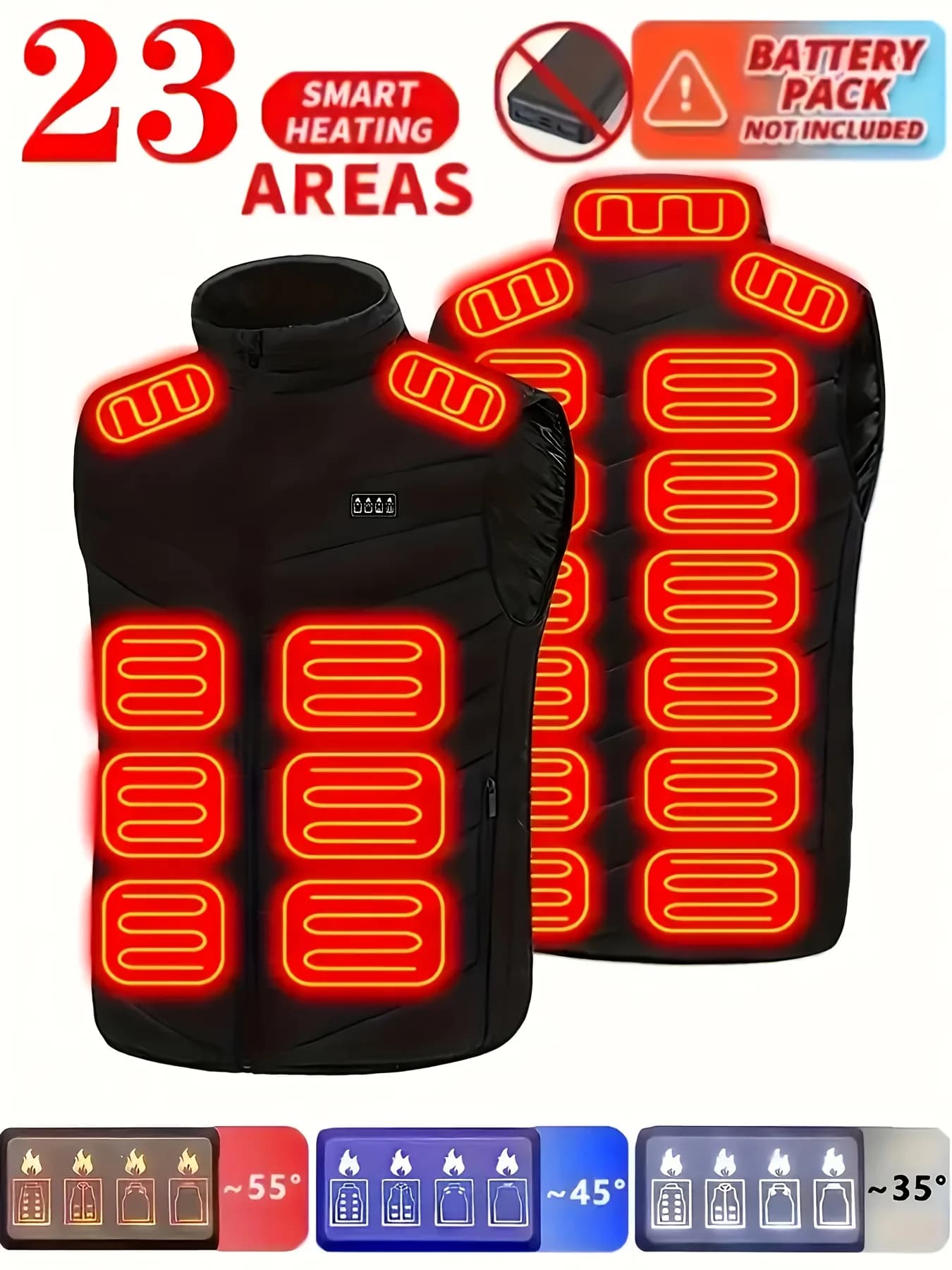Gilet riscaldato da 23 zone Giacca riscaldante intelligente Tessuto in misto poliestere in fibra di carbonio nel design solido del colletto rialzato con cerniera