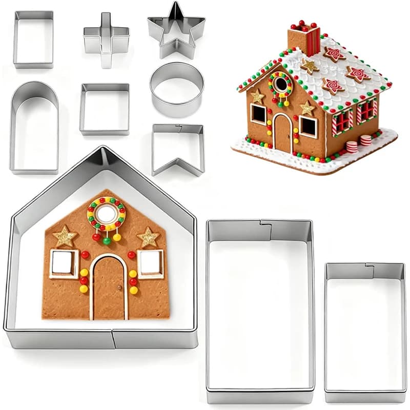 10Pcs Gingerbread House Cookie Cutters Set Stainless Steel 3D Biscuit Cutters for Making 3D Gingerbread House DIY Cookie Mold
