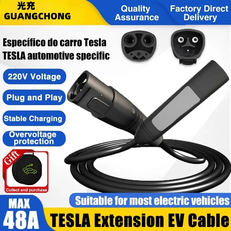 Electric Car Charging Cable 48A Extension Cable Single Phase Tesla with NACS 5M Plug for EV Charger Level 1 and 2 and Tesla Wall Connector