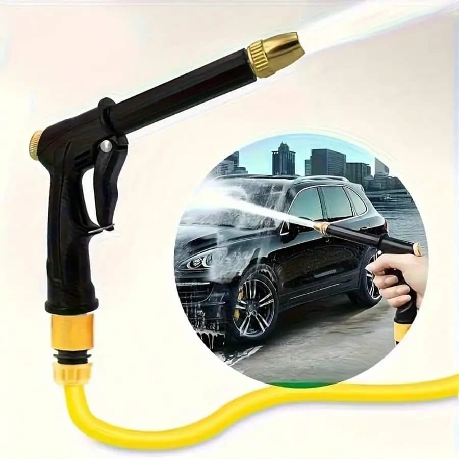 High-Pressure Car Wash Water Gun With Foam Tank Adjustable Garden Hose Nozzle 3/4 & 1/2 Inch Quick Connect