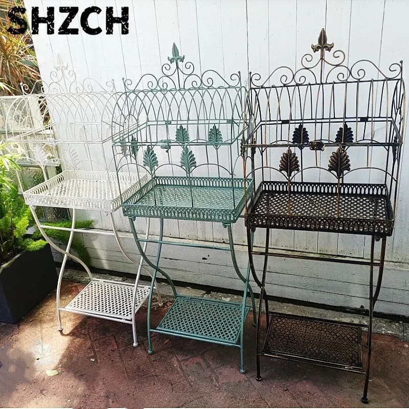 2-Tier Plant Stand Floor Standing Bonsai Display Shelf Antique Birdcage Style Flower Pot Holder Rustic Iron Planter Organizer