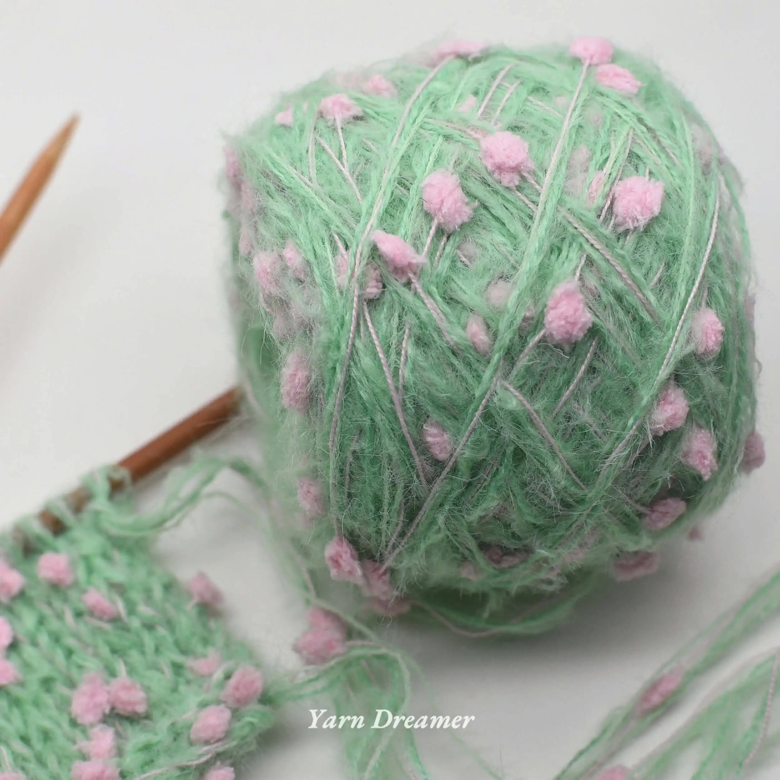 Sakura Textured Crochet Yarn Pastel Aesthetic Knitting Yarn for Bag Beanie Scarf Soft Green Pink Polka Dots Fluffy Yarns