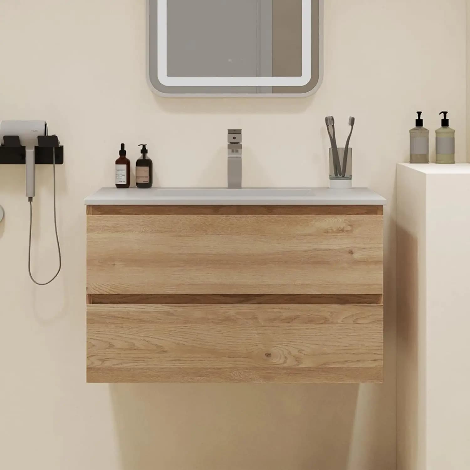 Mobile da Bagno a Parete con Lavabo, 2 Cassetti a Chiusura Morbida, MDF Resistente all'Umidità, 30 Pollici, Personalizzabile