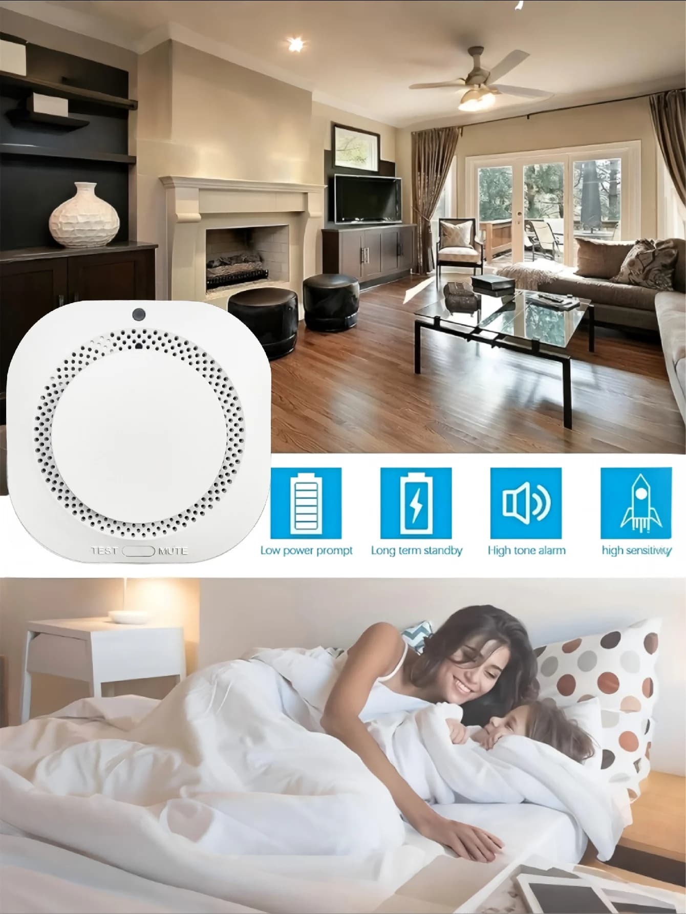 Rilevatore di fumo wireless con allarme sonoro e luminoso a LED, promemoria batteria scarica, sensore di protezione antincendio domestico e commerciale (batteria non inclusa)