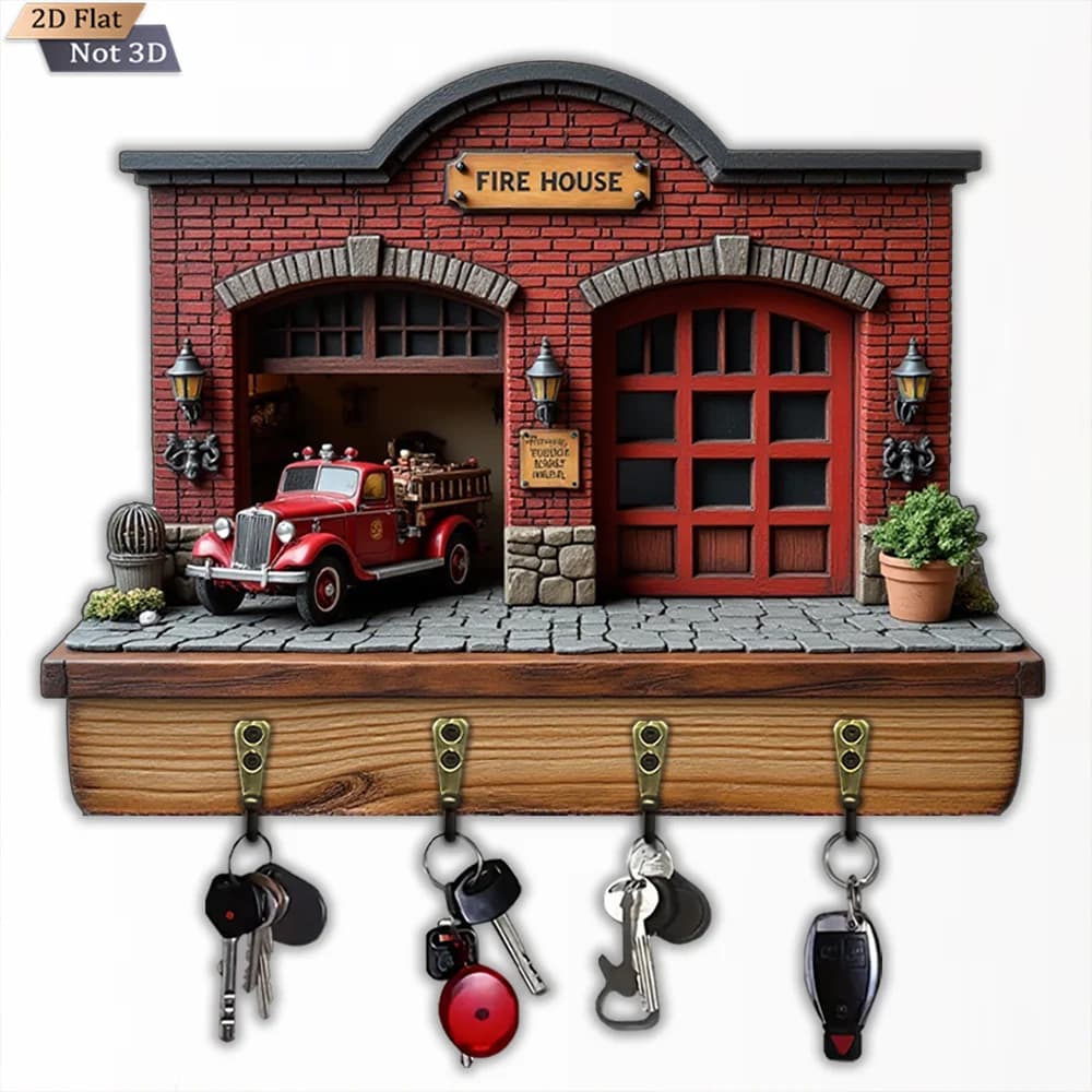Gancio per chiave per stazione antincendio vintage 2D piatto, 1 pezzo, gancio per chiave domestico multifunzionale in legno con quattro ganci in metallo, da parete