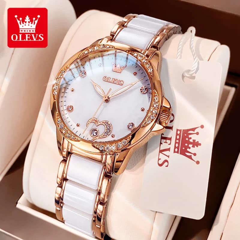 OLEVS 6631 women's automatic mechanical watch fashion love heart elegant ceramic strap bezel with diamonds waterproof women's wristwatch